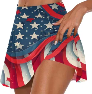 4th of July Skort Patriotic Skirts for Women American Flag Tennis Skirts with Shorts High Waisted Flowy Summer Skorts