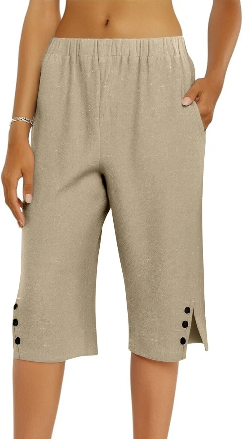 Bermuda Shorts for Women Knee Length Elastic Waist Long Wide Leg Linen Shorts Comfy Beach Capri Pants with Pockets