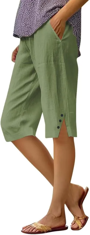 Bermuda Shorts for Women Knee Length Elastic Waist Long Wide Leg Linen Shorts Comfy Beach Capri Pants with Pockets