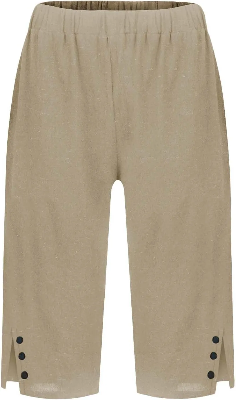 Bermuda Shorts for Women Knee Length Elastic Waist Long Wide Leg Linen Shorts Comfy Beach Capri Pants with Pockets