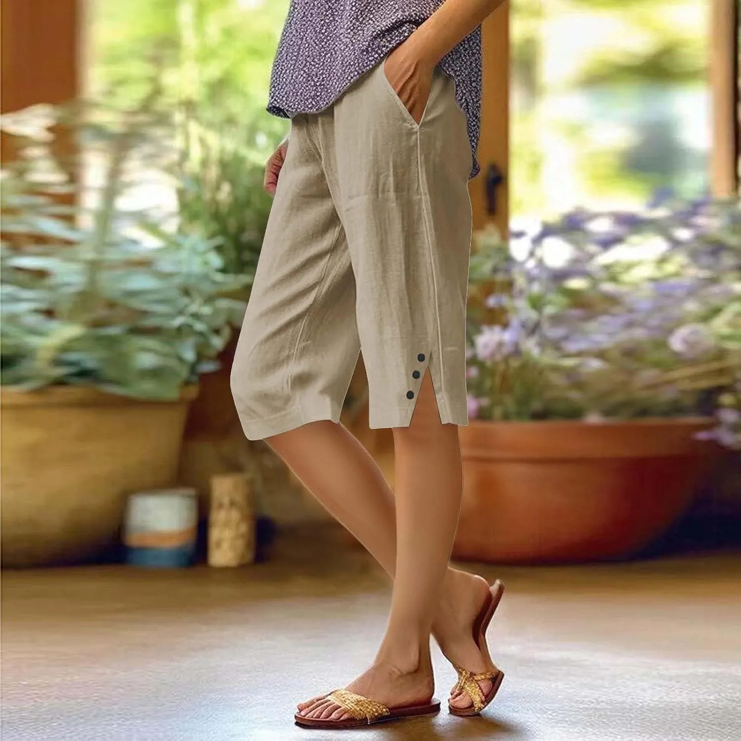 Bermuda Shorts for Women Knee Length Elastic Waist Long Wide Leg Linen Shorts Comfy Beach Capri Pants with Pockets