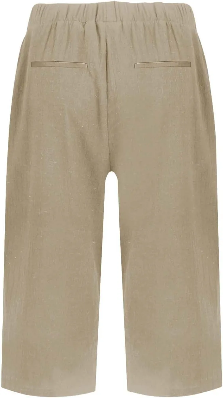 Bermuda Shorts for Women Knee Length Elastic Waist Long Wide Leg Linen Shorts Comfy Beach Capri Pants with Pockets