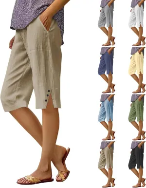 Bermuda Shorts for Women Knee Length Elastic Waist Long Wide Leg Linen Shorts Comfy Beach Capri Pants with Pockets