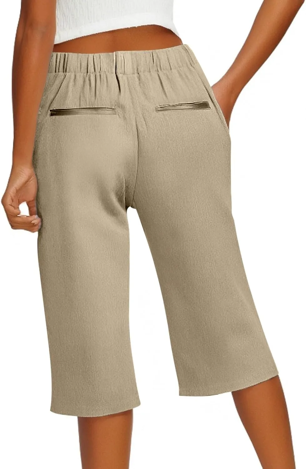Bermuda Shorts for Women Knee Length Elastic Waist Long Wide Leg Linen Shorts Comfy Beach Capri Pants with Pockets