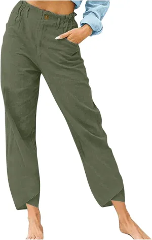 Binmer Summer Casual Linen Capri Pants for Womens Elastic Waist Cropped Comfy Baggy Trousers with Pockets 2024 Fashion