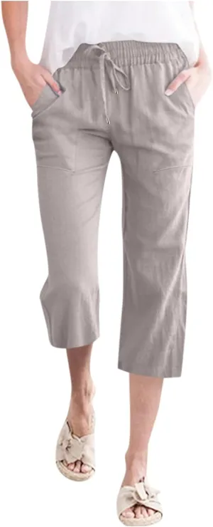Capris Pants for Women Casual Summer Cotton Linen Pant Lounge Palazzo Elastic Straight Leg Cropped Trousers