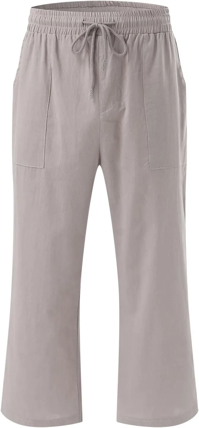 Capris Pants for Women Casual Summer Cotton Linen Pant Lounge Palazzo Elastic Straight Leg Cropped Trousers