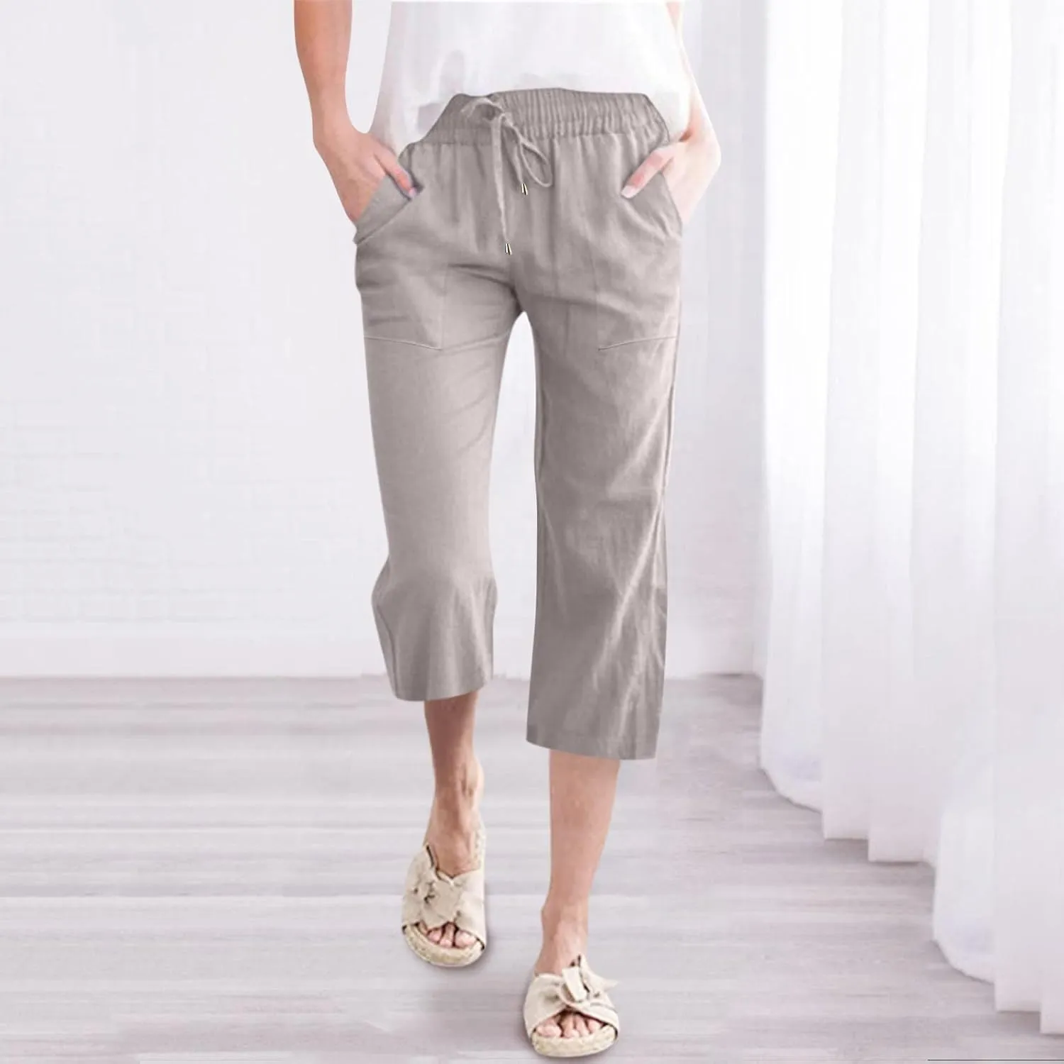 Capris Pants for Women Casual Summer Cotton Linen Pant Lounge Palazzo Elastic Straight Leg Cropped Trousers