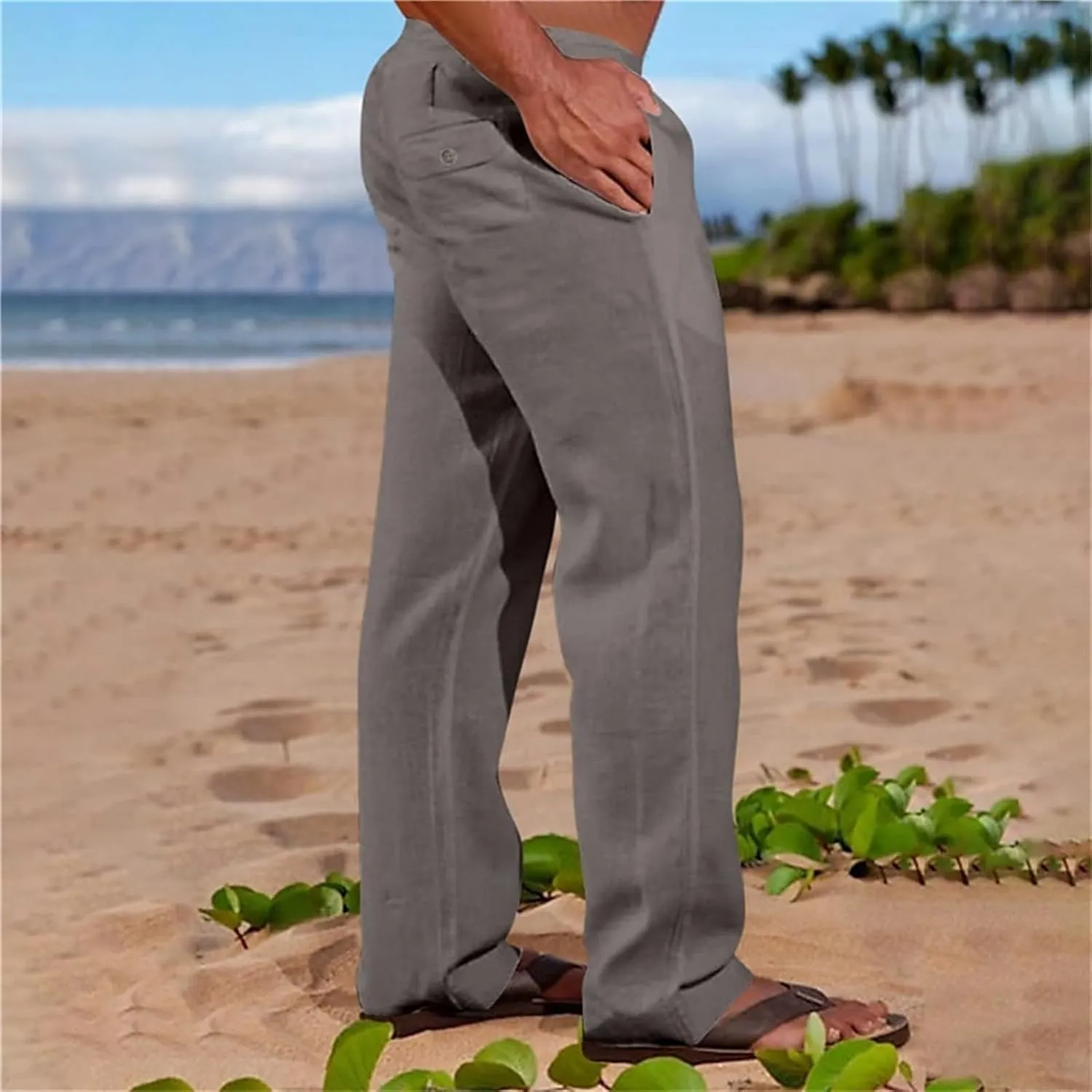 CRNTCEM Mens Casual Cotton Linen Pants Soft Comfy Outdoor Hiking Camping Pant Lightweight Solid Vacation Yoga Beach Pants