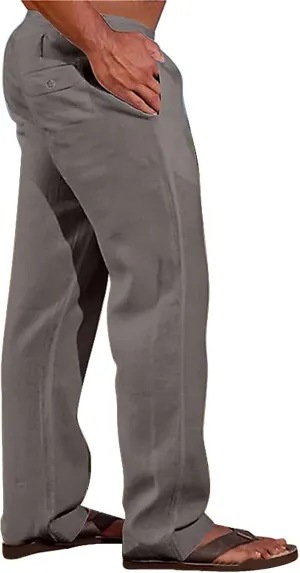 CRNTCEM Mens Casual Cotton Linen Pants Soft Comfy Outdoor Hiking Camping Pant Lightweight Solid Vacation Yoga Beach Pants
