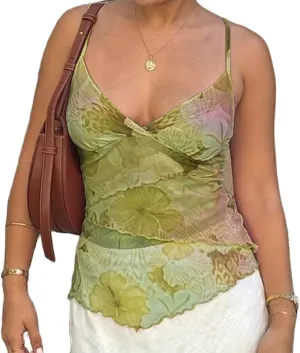 Floral Crop Cami Tops for Women Y2k Backless Flower Printed Spaghetti Straps Tops Summer Going Out Camisoles