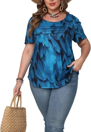 HBEYYTO Womens Plus Size Tops Short Sleeve Pleated T shirts Dressy Casual Scooped Neck Flowy Loose Floral Blouses 1X-5X