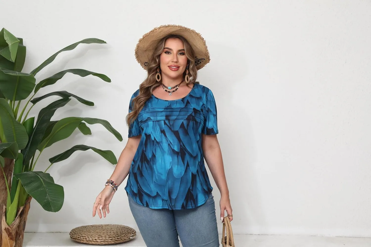 HBEYYTO Womens Plus Size Tops Short Sleeve Pleated T shirts Dressy Casual Scooped Neck Flowy Loose Floral Blouses 1X-5X
