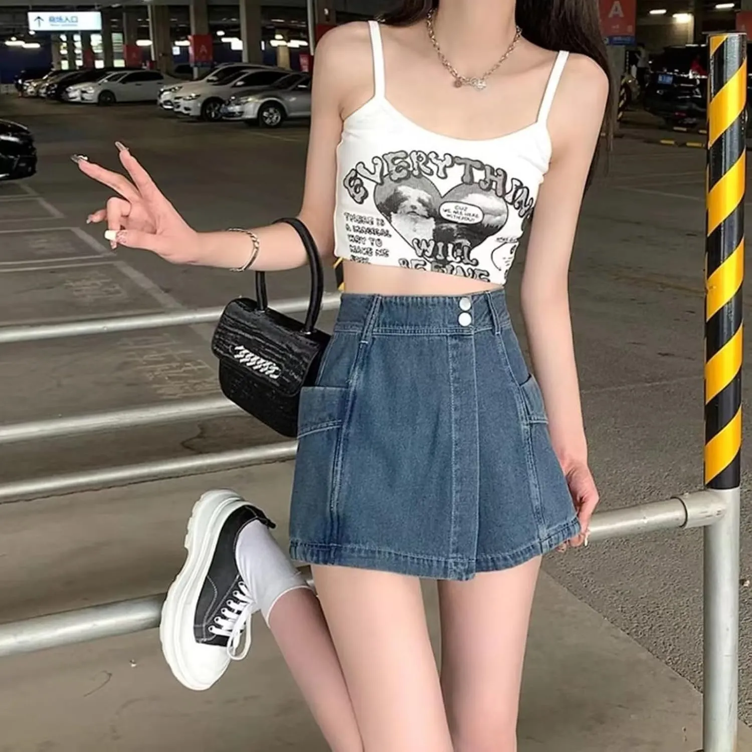 High Stretchy Mini Skort Skirt for Women High Waisted Asymmetrical Hem Jeans Shorts Summer Trendy Comfy Denim Short