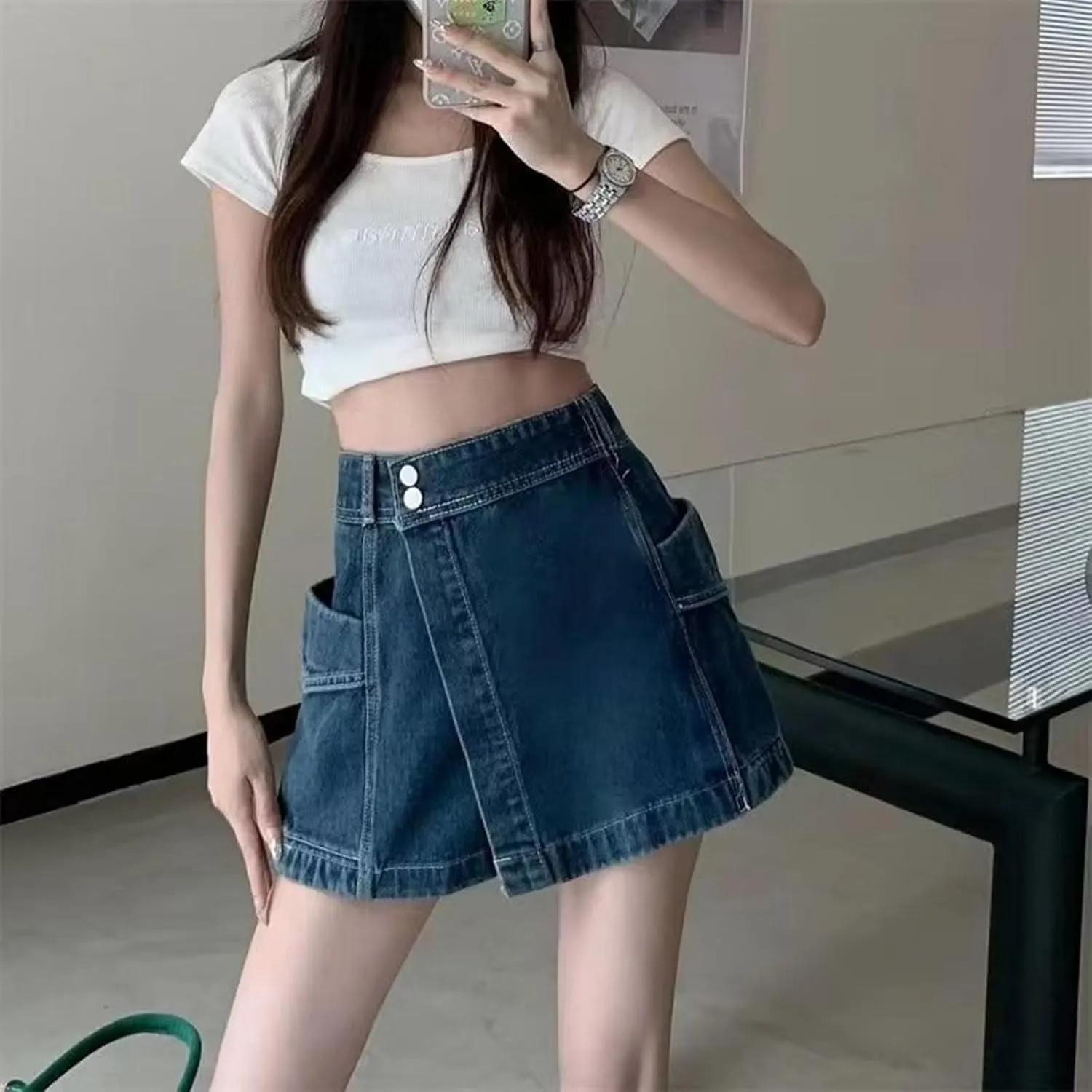 High Stretchy Mini Skort Skirt for Women High Waisted Asymmetrical Hem Jeans Shorts Summer Trendy Comfy Denim Short