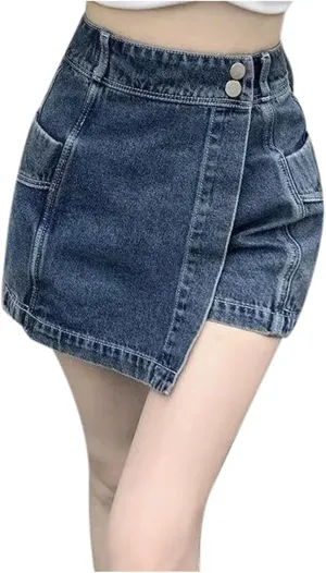 High Stretchy Mini Skort Skirt for Women High Waisted Asymmetrical Hem Jeans Shorts Summer Trendy Comfy Denim Short