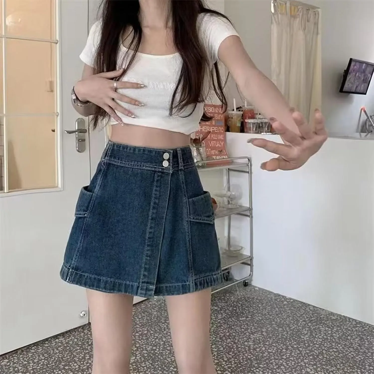 High Stretchy Mini Skort Skirt for Women High Waisted Asymmetrical Hem Jeans Shorts Summer Trendy Comfy Denim Short