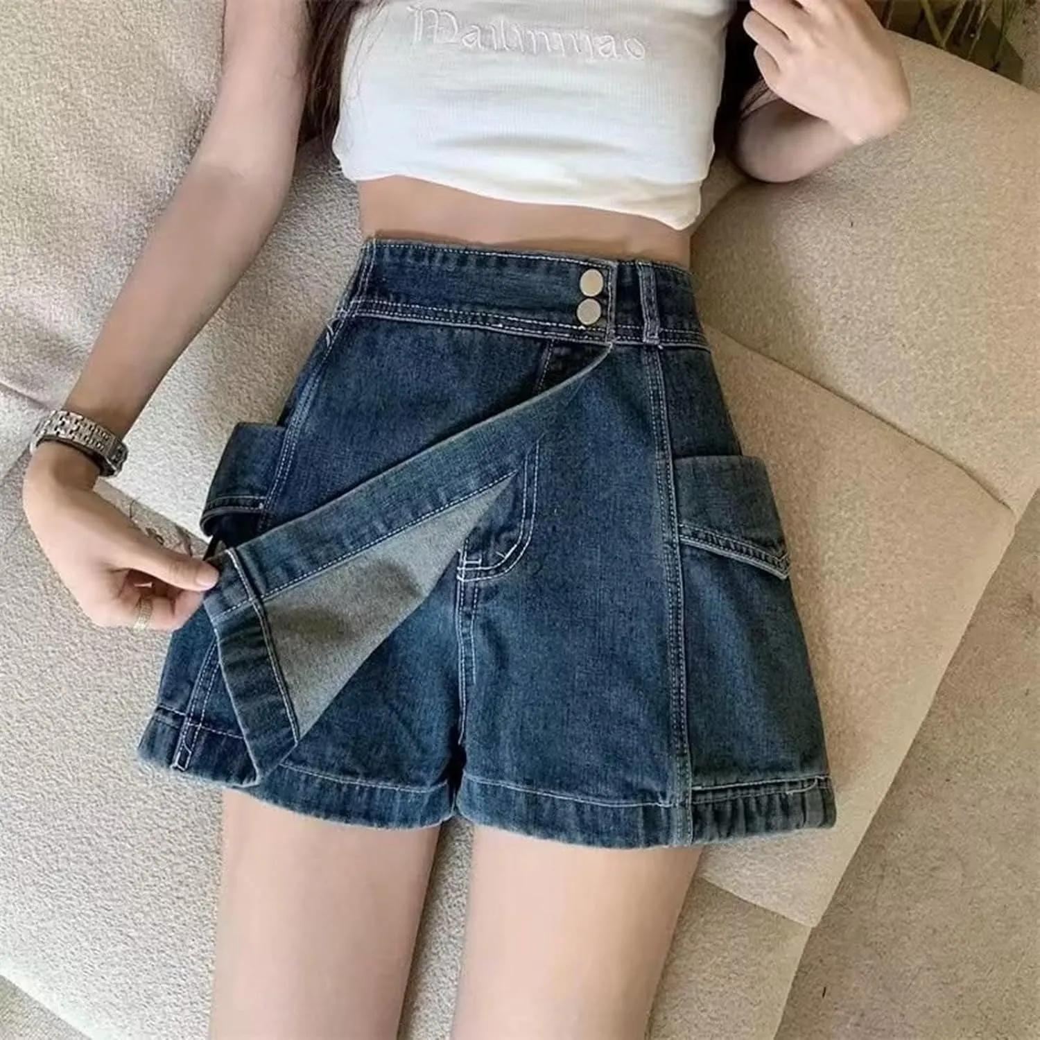 High Stretchy Mini Skort Skirt for Women High Waisted Asymmetrical Hem Jeans Shorts Summer Trendy Comfy Denim Short