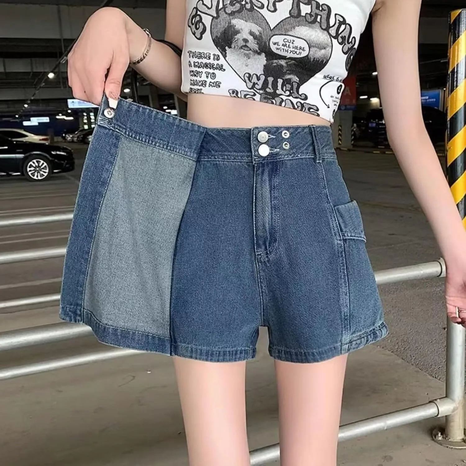 High Stretchy Mini Skort Skirt for Women High Waisted Asymmetrical Hem Jeans Shorts Summer Trendy Comfy Denim Short