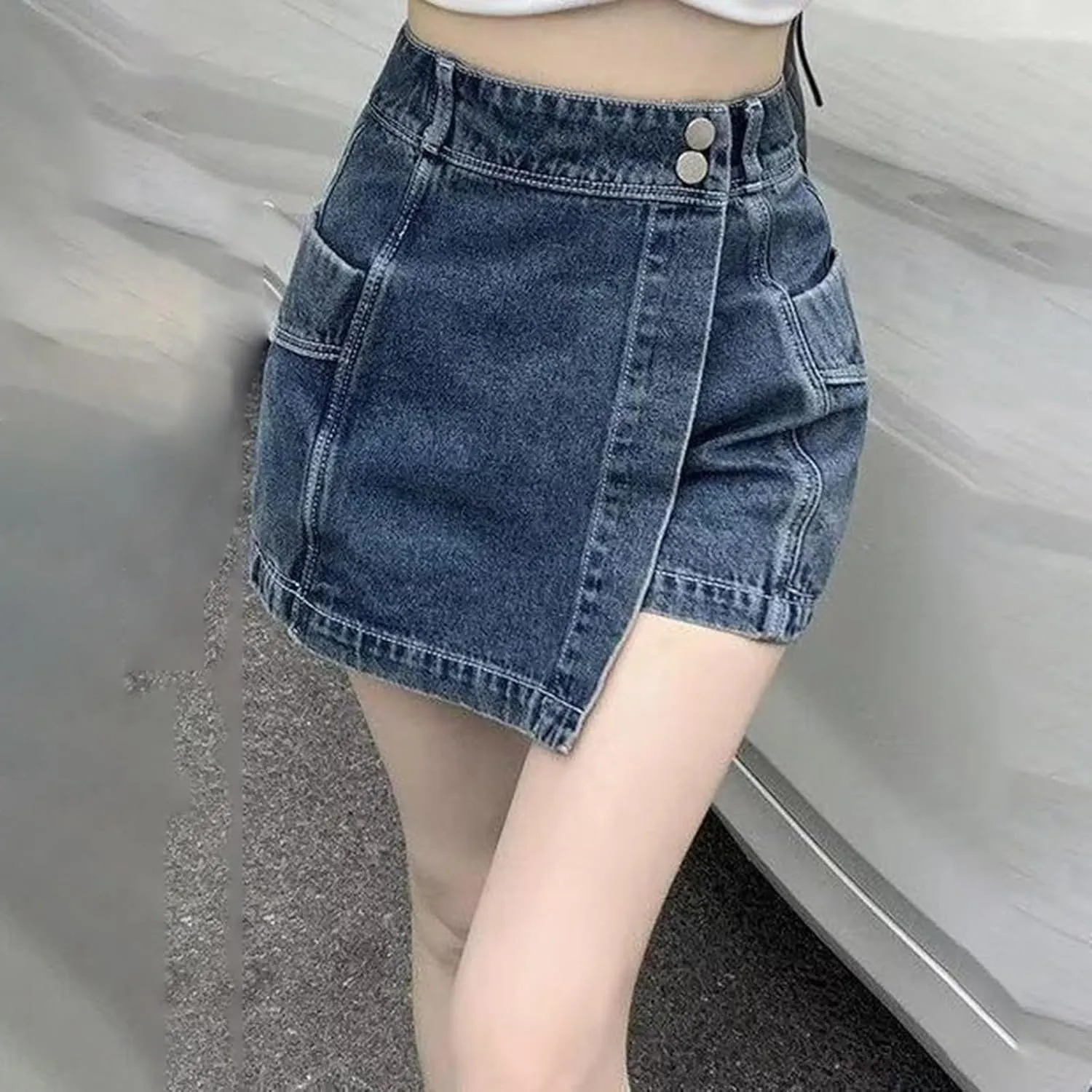 High Stretchy Mini Skort Skirt for Women High Waisted Asymmetrical Hem Jeans Shorts Summer Trendy Comfy Denim Short