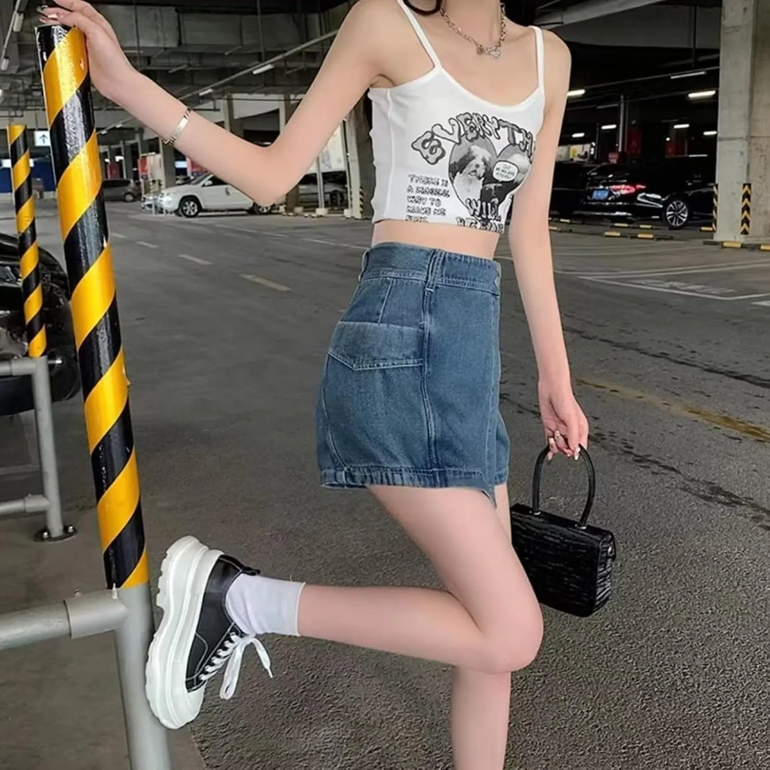 High Stretchy Mini Skort Skirt for Women High Waisted Asymmetrical Hem Jeans Shorts Summer Trendy Comfy Denim Short