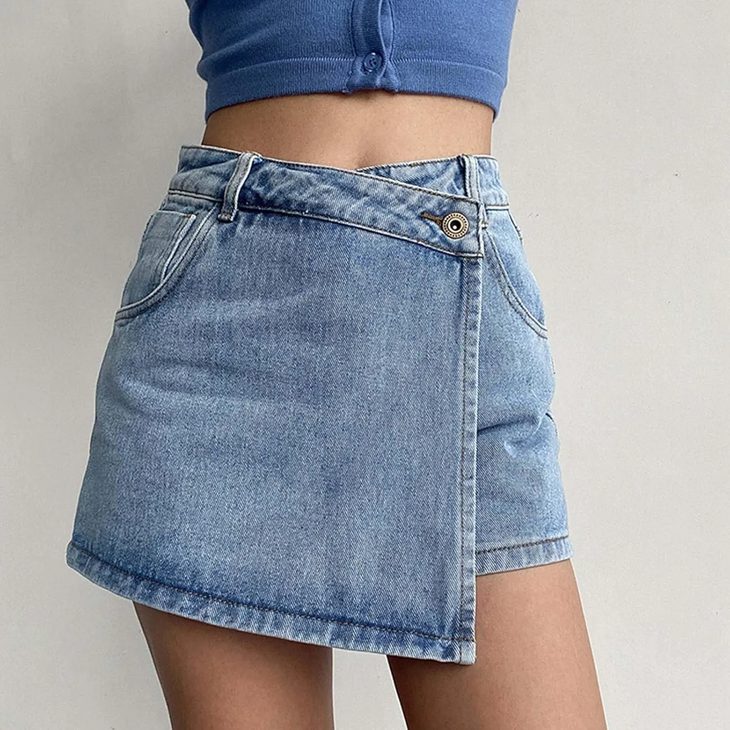 High Waisted Denim Skort for Women Summer Casual Loose Irregular Hem Denim Pants Lightweight Comfy Skirt with Pockets