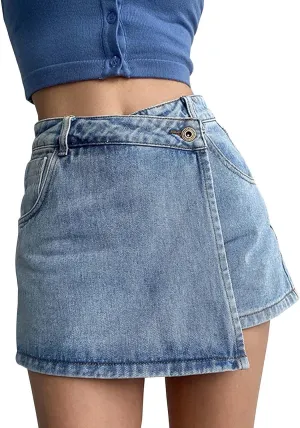 High Waisted Denim Skort for Women Summer Casual Loose Irregular Hem Denim Pants Lightweight Comfy Skirt with Pockets