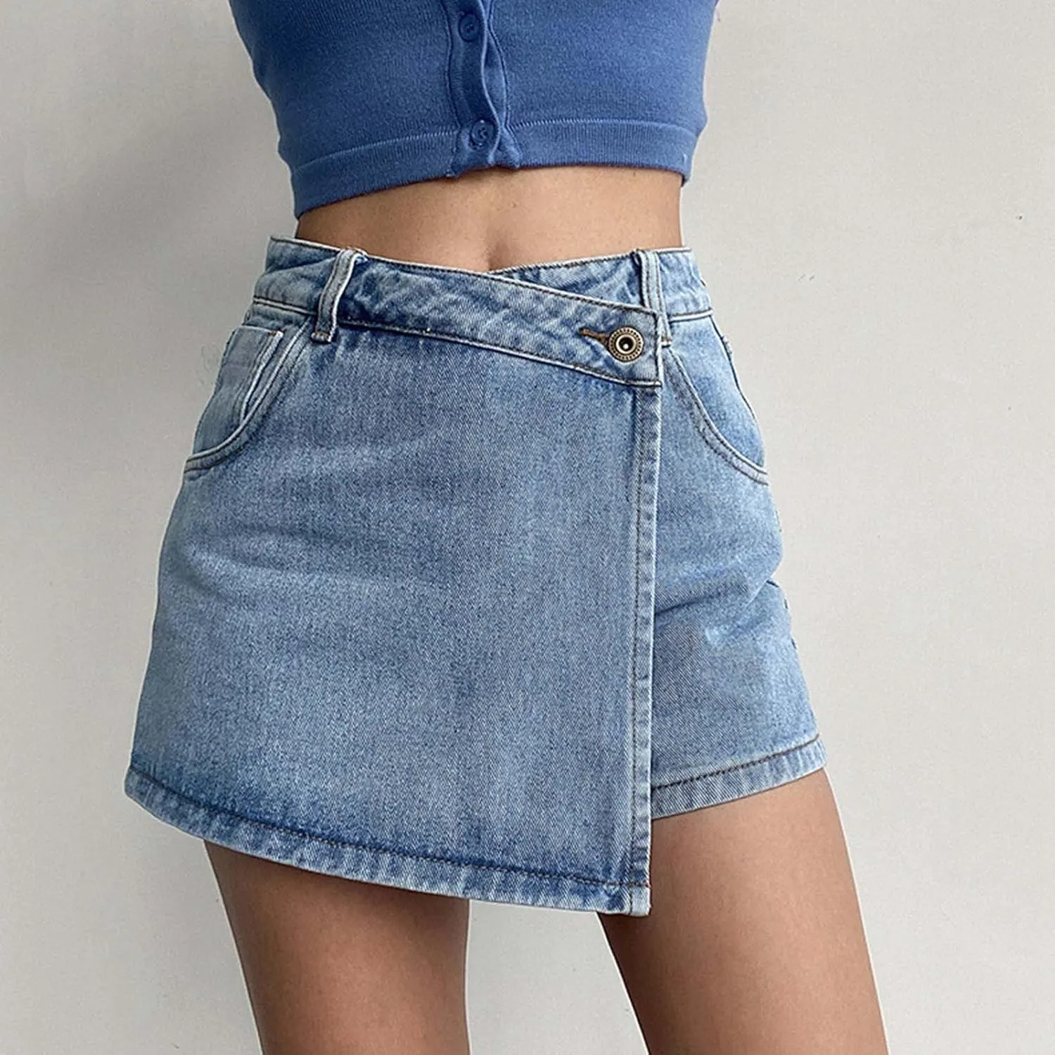 High Waisted Denim Skort for Women Summer Casual Loose Irregular Hem Denim Pants Lightweight Comfy Skirt with Pockets