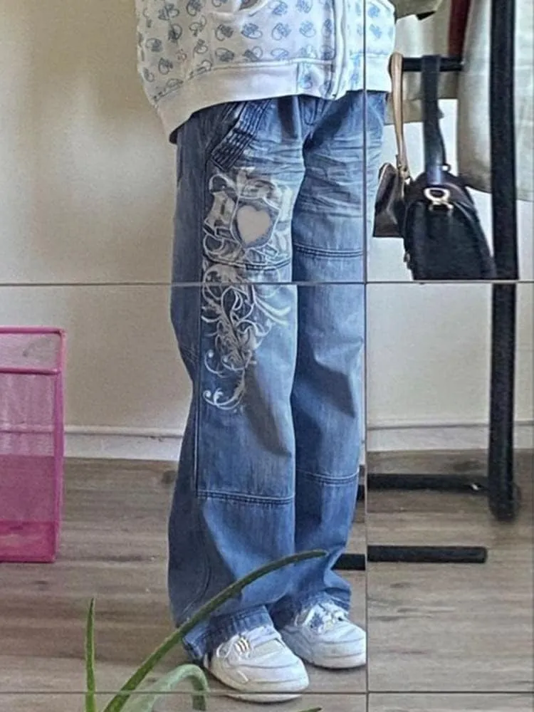 KMBANGI Womens High Waisted Wide Leg Pants Straight Denim Jeans Casual Baggy Trousers Y2K Streetwear Fashion
