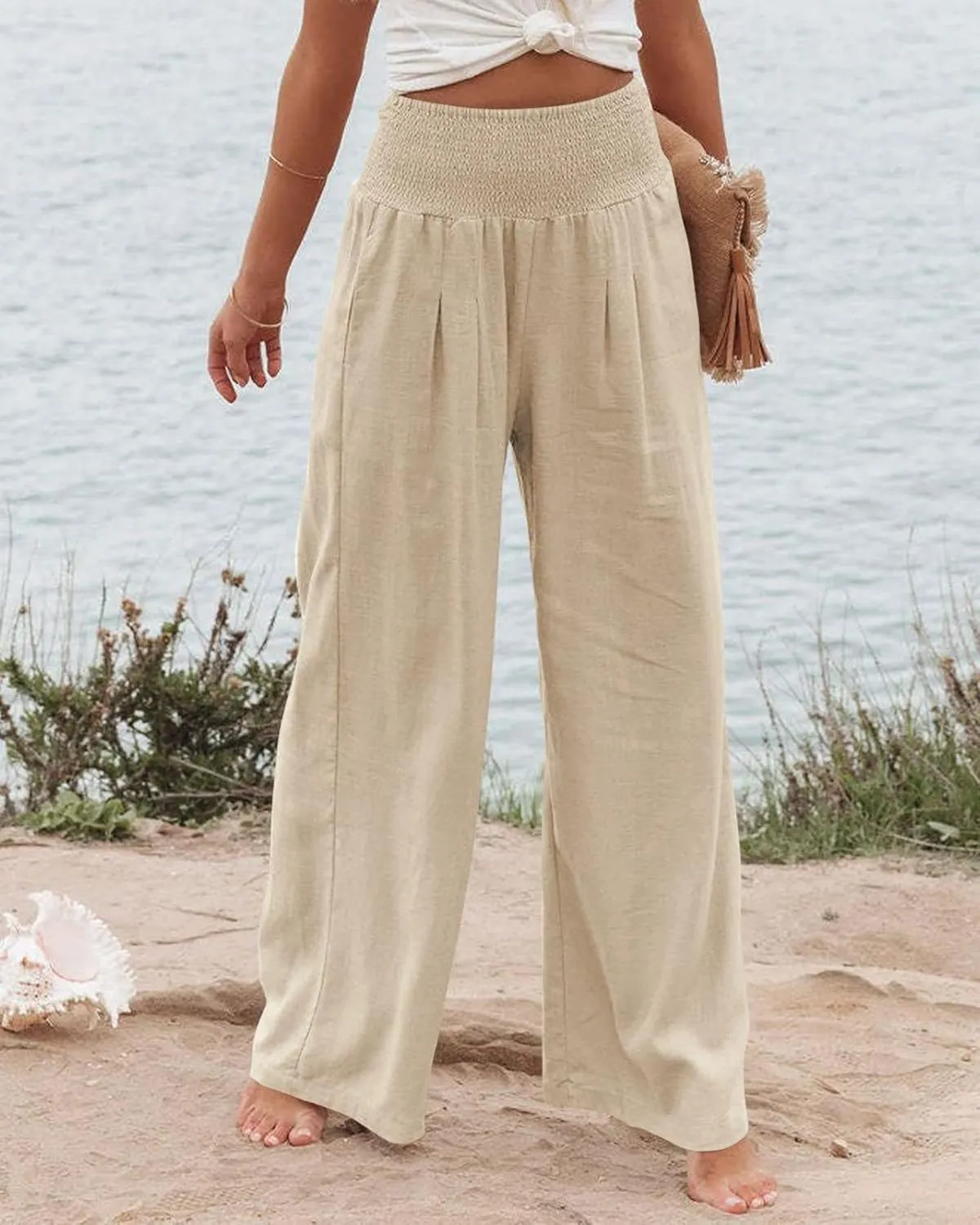 Kubbon Women Linen Palazzo Pants High Waist Casual Pants Wide Leg Long Lounge Pant Trousers Beach Travel Vacation Outfits