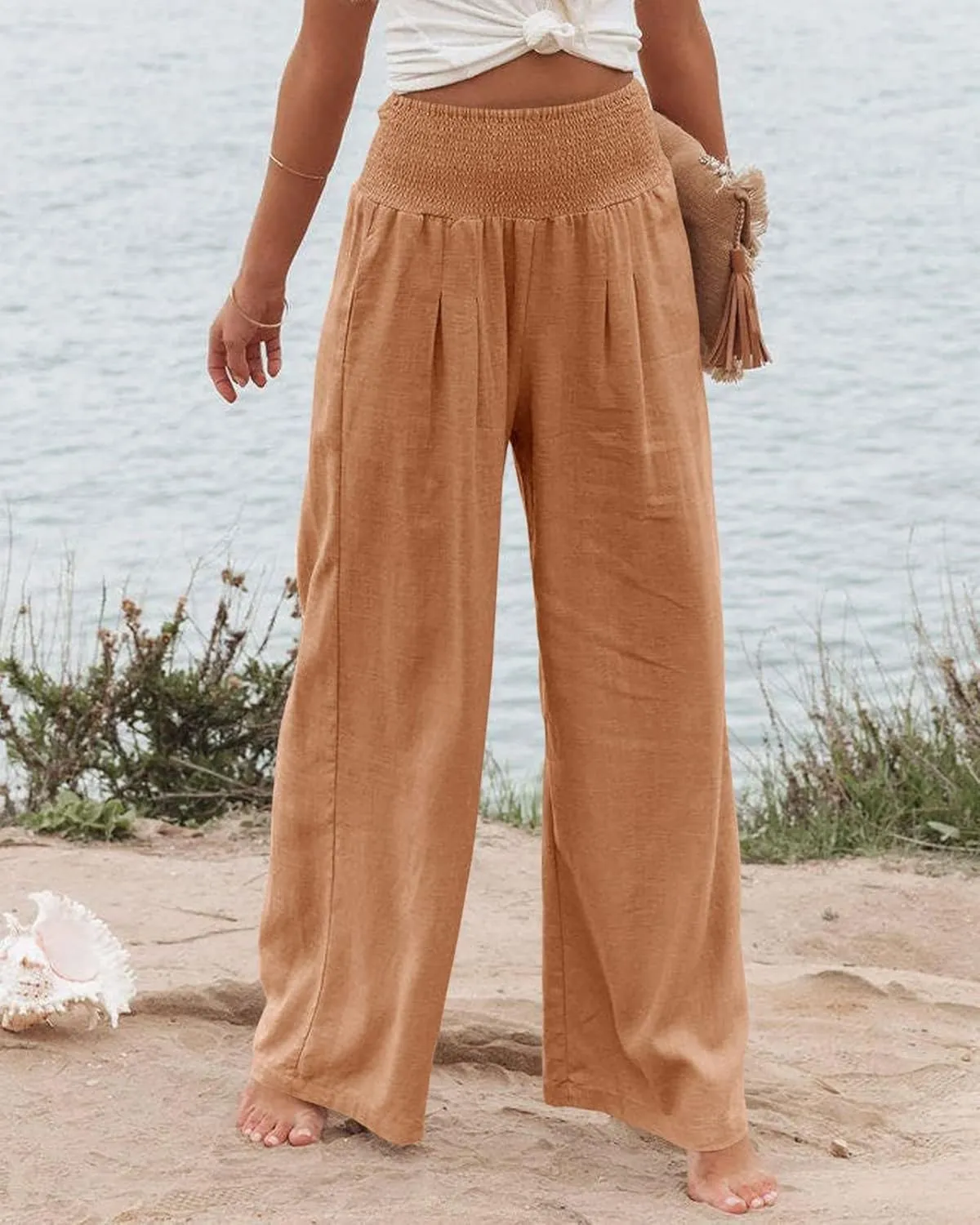 Kubbon Women Linen Palazzo Pants High Waist Casual Pants Wide Leg Long Lounge Pant Trousers Beach Travel Vacation Outfits