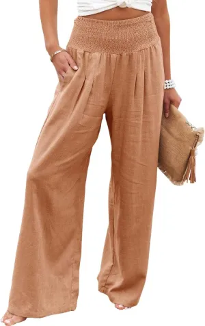Kubbon Women Linen Palazzo Pants High Waist Casual Pants Wide Leg Long Lounge Pant Trousers Beach Travel Vacation Outfits