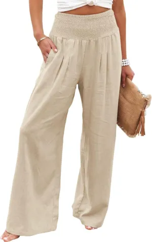 Kubbon Women Linen Palazzo Pants High Waist Casual Pants Wide Leg Long Lounge Pant Trousers Beach Travel Vacation Outfits