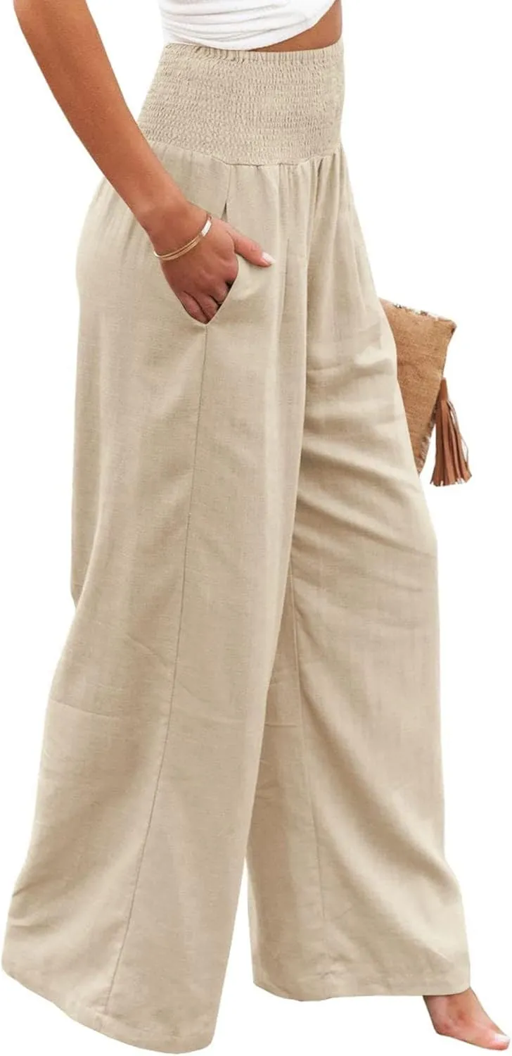 Kubbon Women Linen Palazzo Pants High Waist Casual Pants Wide Leg Long Lounge Pant Trousers Beach Travel Vacation Outfits