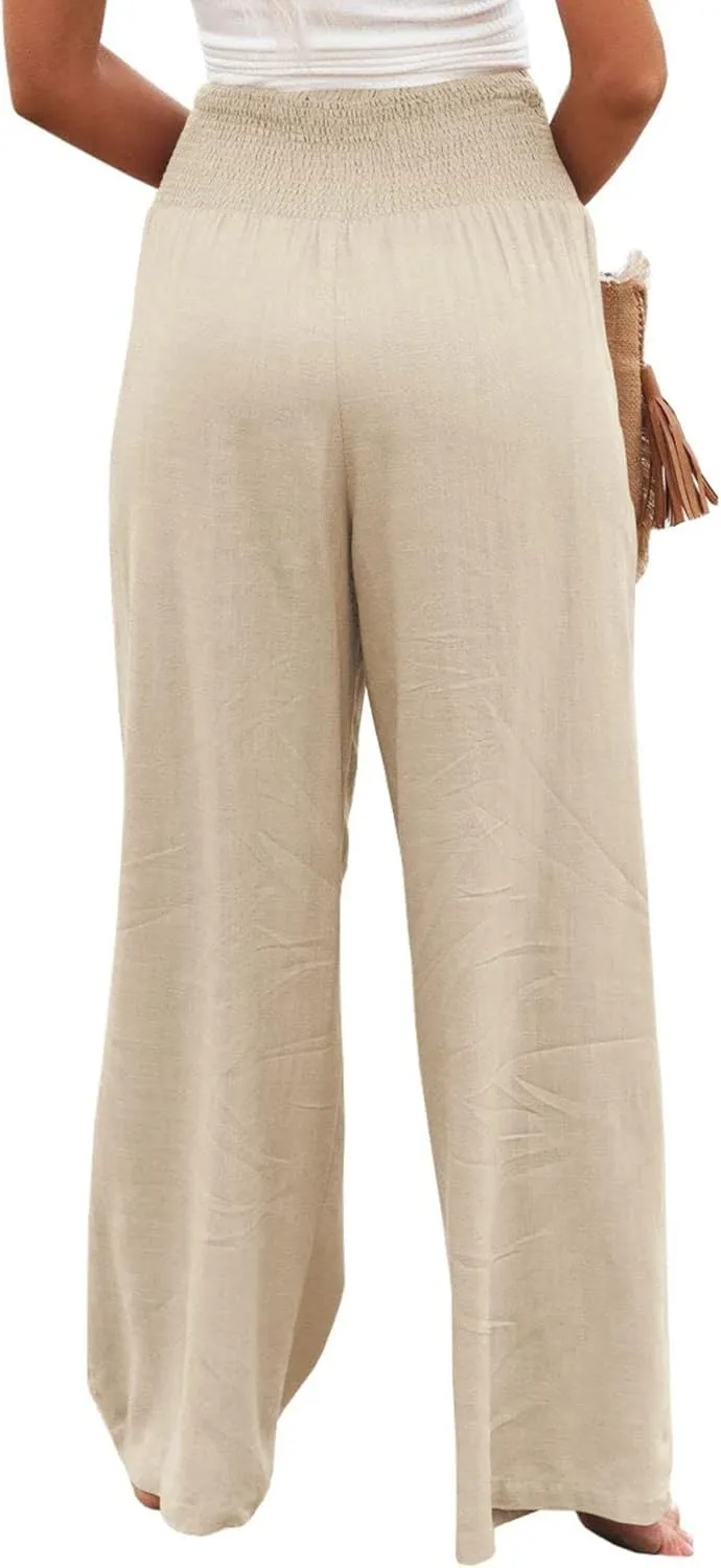 Kubbon Women Linen Palazzo Pants High Waist Casual Pants Wide Leg Long Lounge Pant Trousers Beach Travel Vacation Outfits