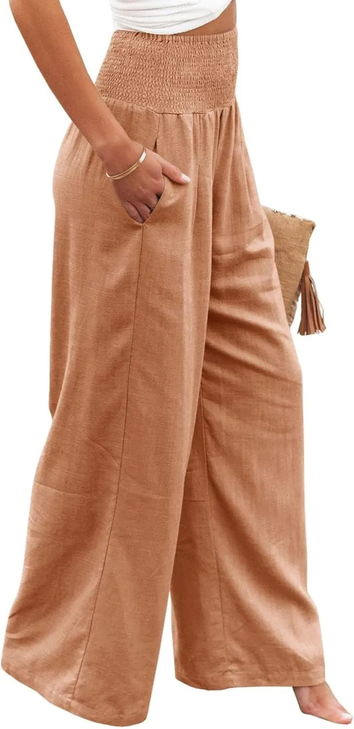 Kubbon Women Linen Palazzo Pants High Waist Casual Pants Wide Leg Long Lounge Pant Trousers Beach Travel Vacation Outfits