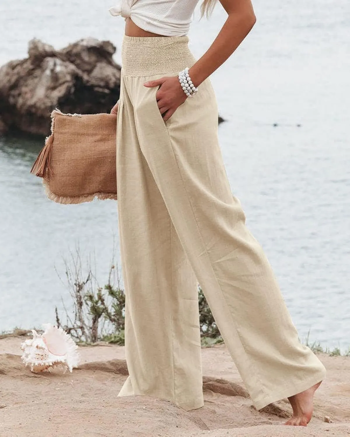 Kubbon Women Linen Palazzo Pants High Waist Casual Pants Wide Leg Long Lounge Pant Trousers Beach Travel Vacation Outfits