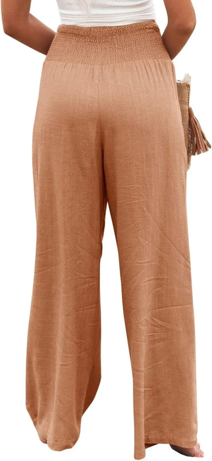 Kubbon Women Linen Palazzo Pants High Waist Casual Pants Wide Leg Long Lounge Pant Trousers Beach Travel Vacation Outfits