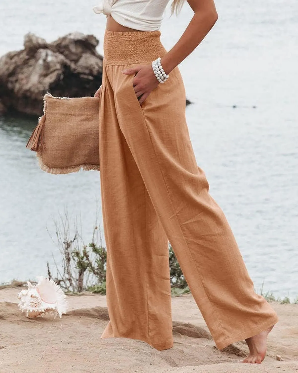Kubbon Women Linen Palazzo Pants High Waist Casual Pants Wide Leg Long Lounge Pant Trousers Beach Travel Vacation Outfits