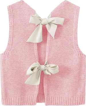 Lianlive Sweater Vest Top for Women Casual Crop Knit Cardigan Vest Bow Tie Back Knitted Tank Tops