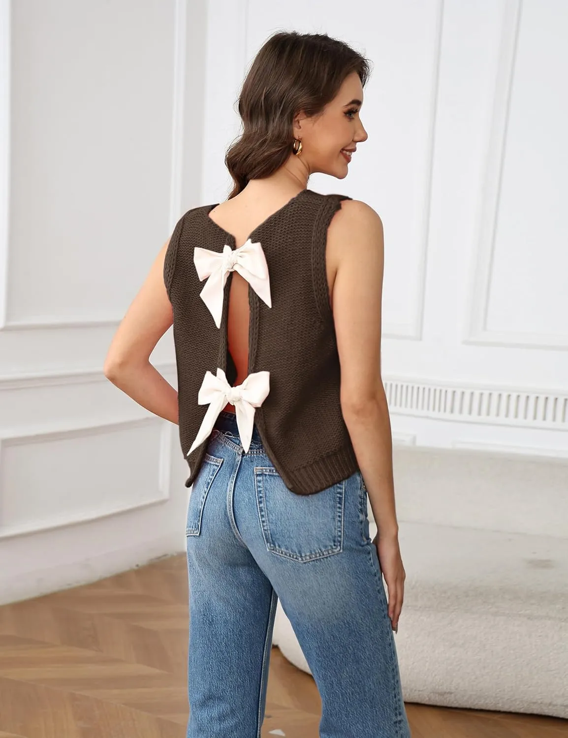 Lianlive Sweater Vest Top for Women Casual Crop Knit Cardigan Vest Bow Tie Back Knitted Tank Tops