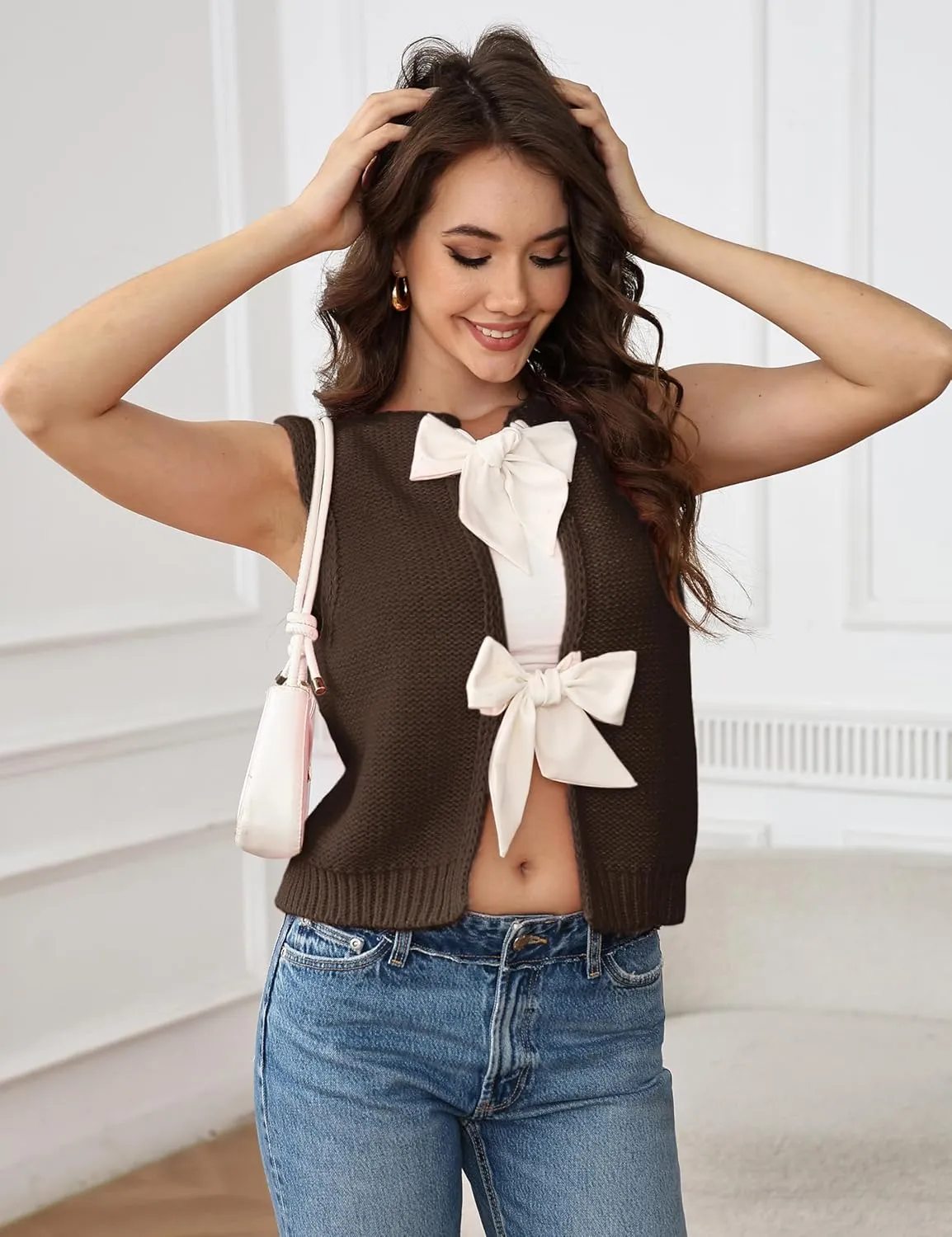 Lianlive Sweater Vest Top for Women Casual Crop Knit Cardigan Vest Bow Tie Back Knitted Tank Tops
