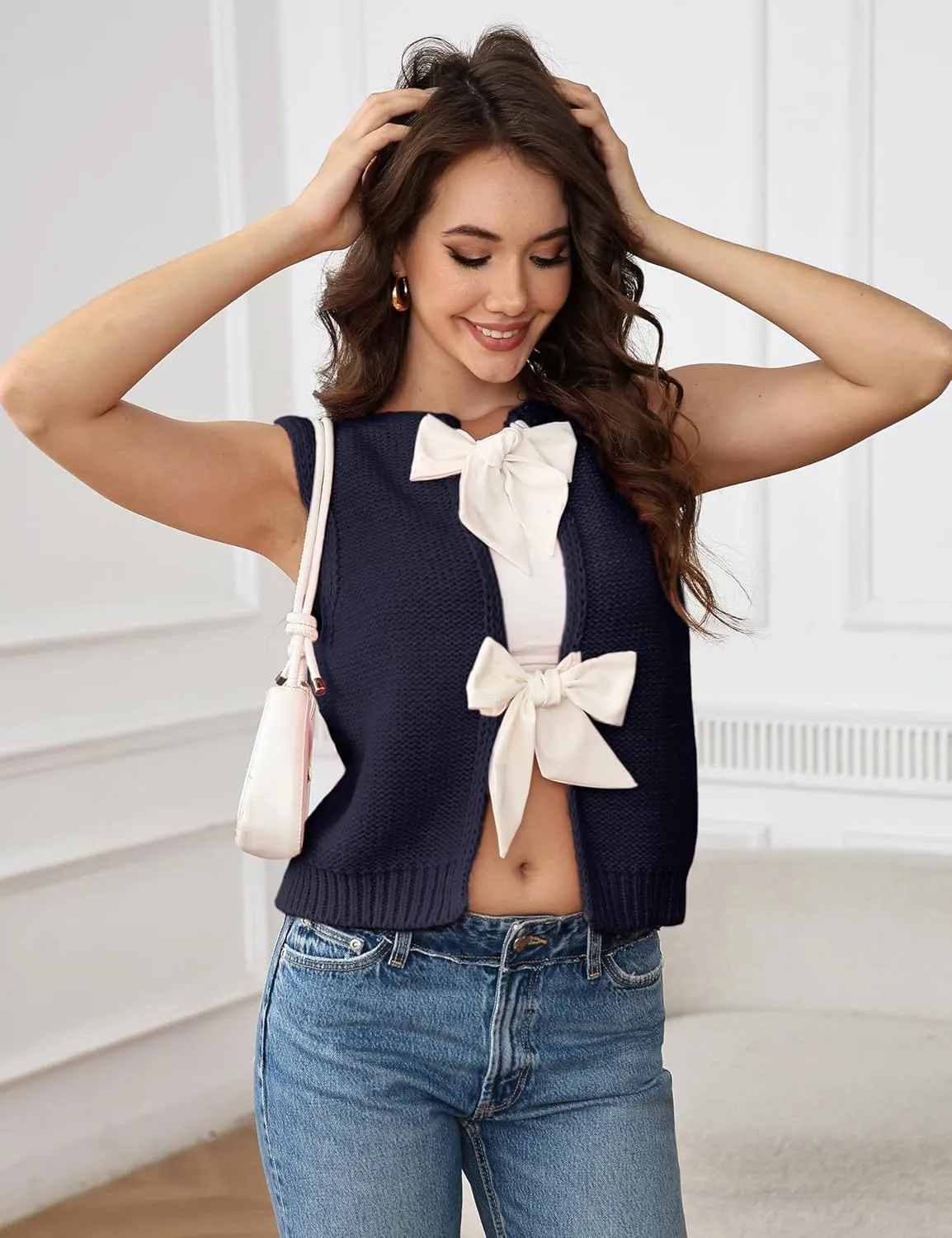 Lianlive Sweater Vest Top for Women Casual Crop Knit Cardigan Vest Bow Tie Back Knitted Tank Tops
