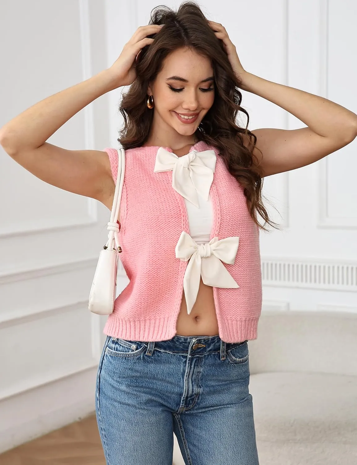 Lianlive Sweater Vest Top for Women Casual Crop Knit Cardigan Vest Bow Tie Back Knitted Tank Tops