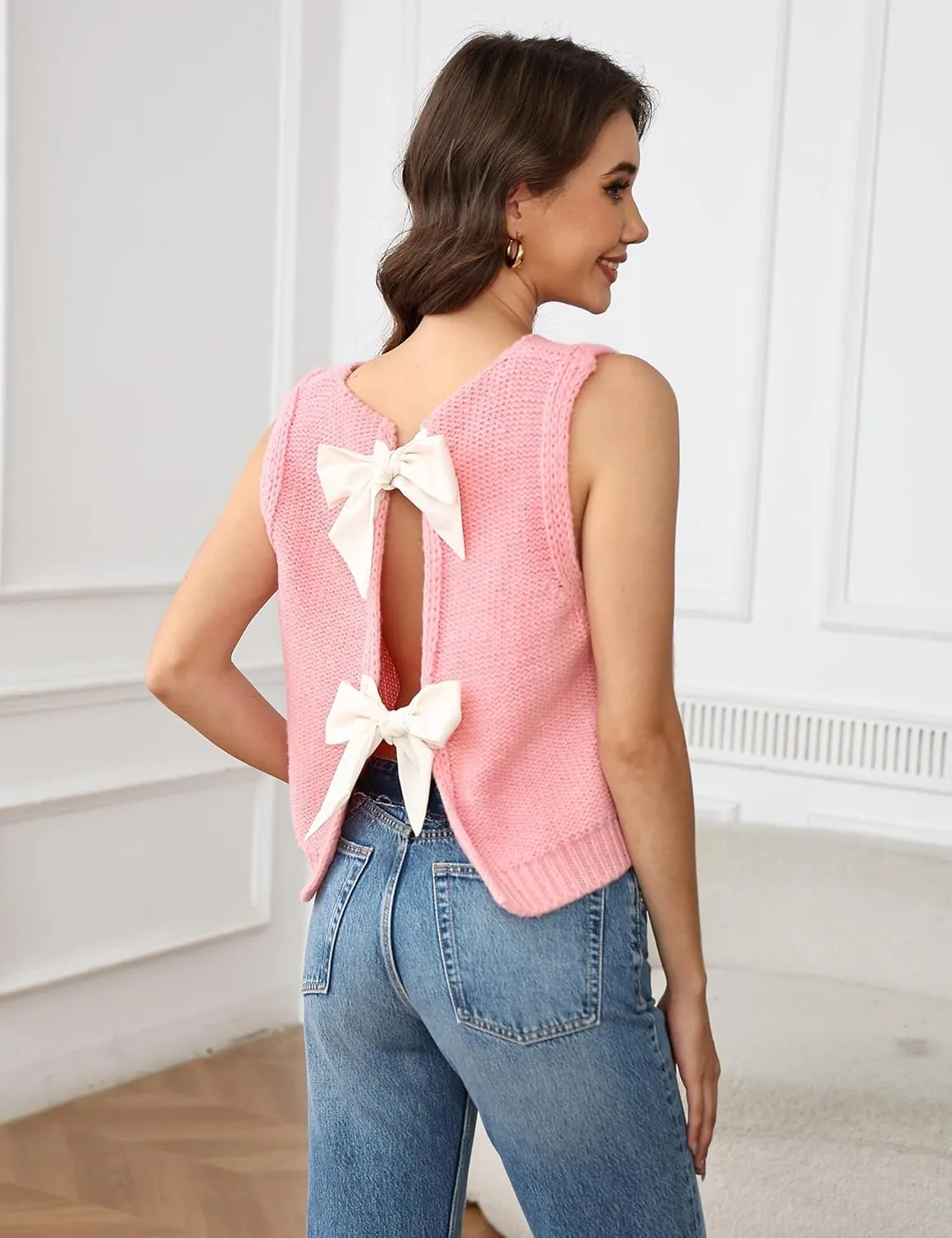 Lianlive Sweater Vest Top for Women Casual Crop Knit Cardigan Vest Bow Tie Back Knitted Tank Tops
