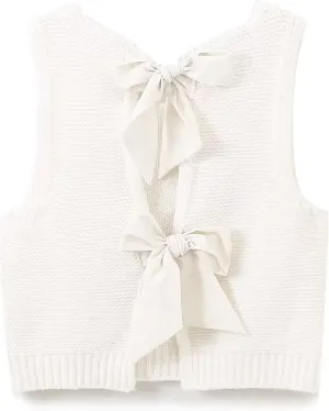 Lianlive Sweater Vest Top for Women Casual Crop Knit Cardigan Vest Bow Tie Back Knitted Tank Tops