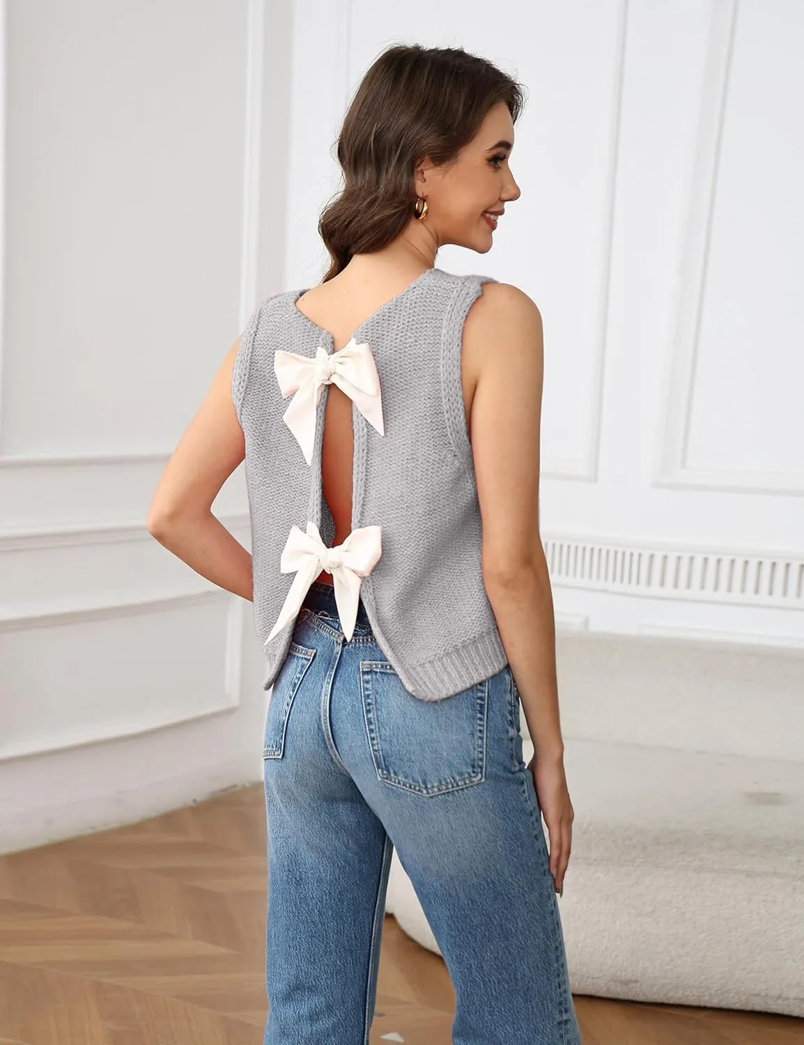 Lianlive Sweater Vest Top for Women Casual Crop Knit Cardigan Vest Bow Tie Back Knitted Tank Tops