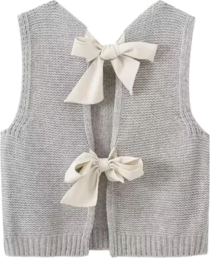 Lianlive Sweater Vest Top for Women Casual Crop Knit Cardigan Vest Bow Tie Back Knitted Tank Tops