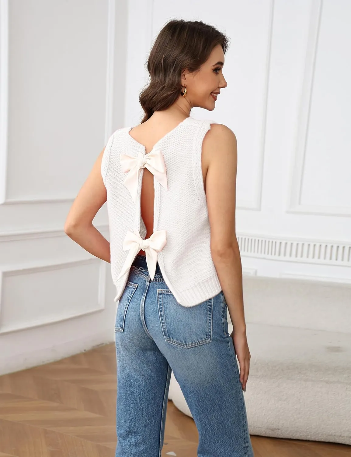 Lianlive Sweater Vest Top for Women Casual Crop Knit Cardigan Vest Bow Tie Back Knitted Tank Tops