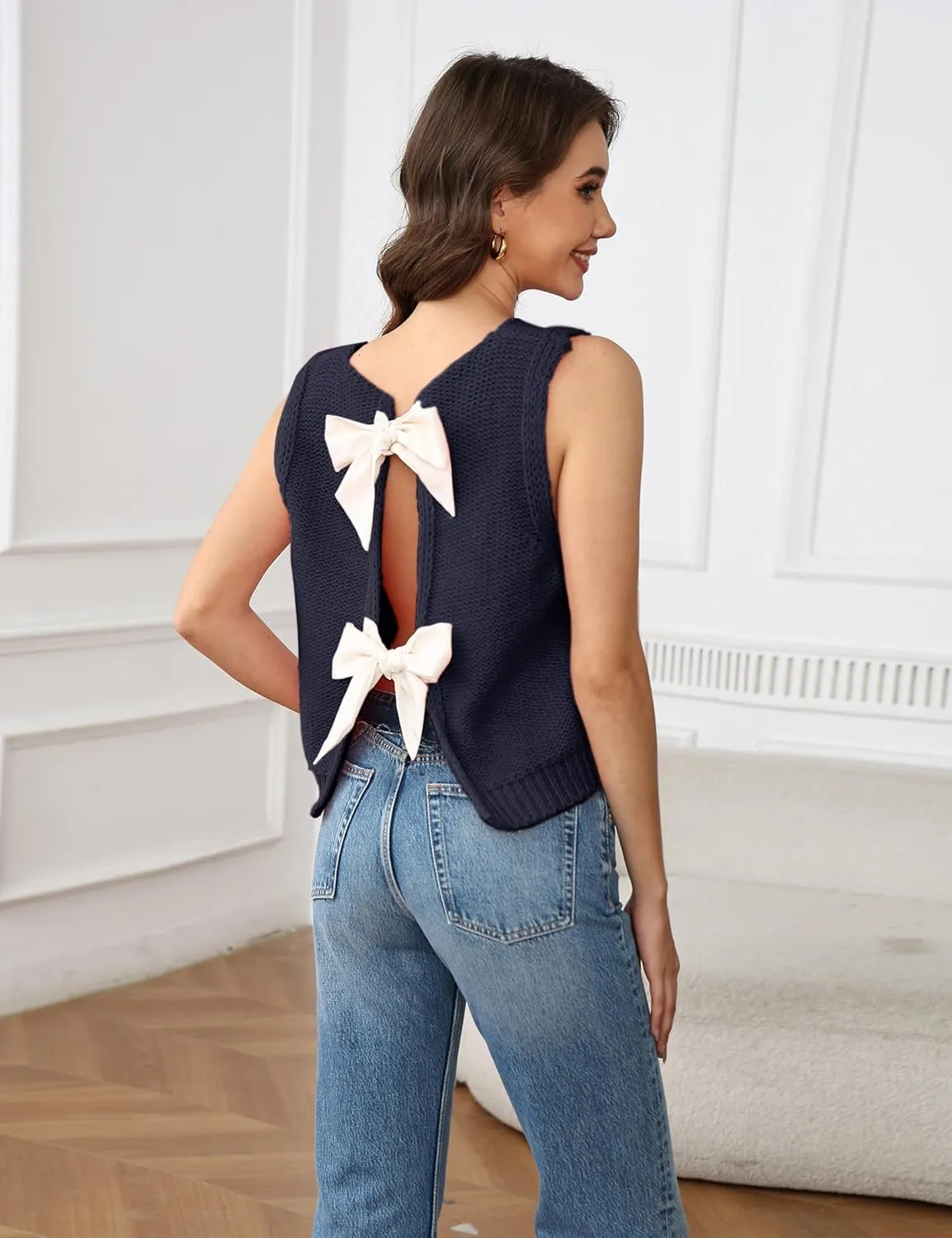 Lianlive Sweater Vest Top for Women Casual Crop Knit Cardigan Vest Bow Tie Back Knitted Tank Tops